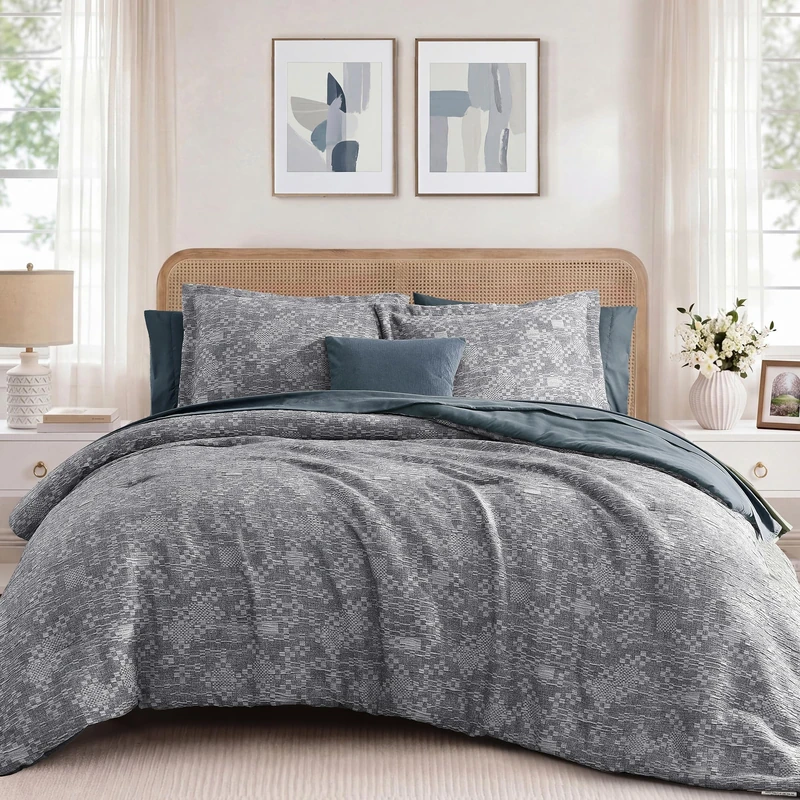 MaiRêve Full Size Comforter Set Crinkle Textured Navy Bedding Set 7 Pieces