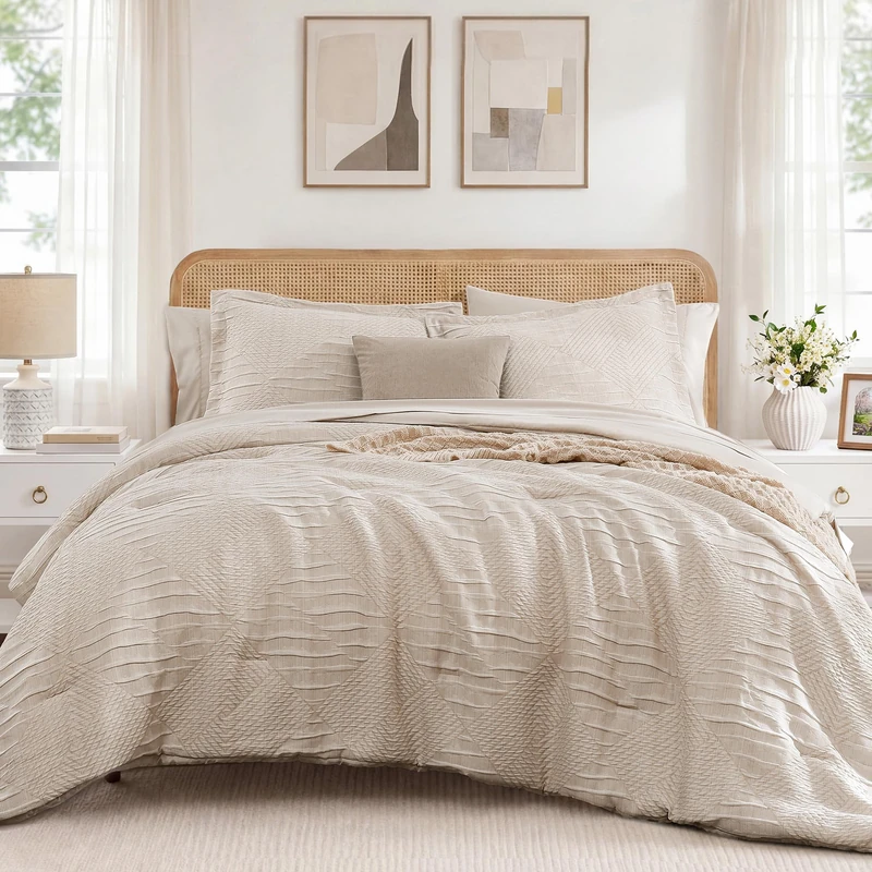 MaiRêve King Size Comforter Set Crinkle Textured Beige Bedding Set 7 Pieces
