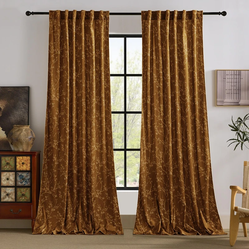 StangH Orange Vintage Curtains Print Floral Design Fall Decor, Back Tab Velvet Heavy Window Drapes Thermal Insulated Curtains for Sliding Door Living Room, W52 x L96, 2 Panels