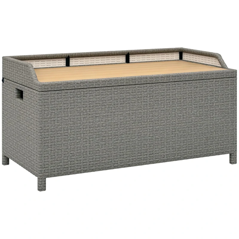 Outsunny PE Rattan Outdoor Storage Bench, Aluminium Garden Bench with Storage Underneath w/Zipped Inner Lining, Rods for Deck, Grey