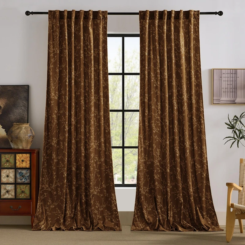 StangH Cinnamon Brown Fall Floral Curtains 84 inches Long Soft Velvet Print Retro Decor Back Tab Privacy Thermal Insulated Drapes for Bedroom Office Patio, W52 x L84, 2 Panels