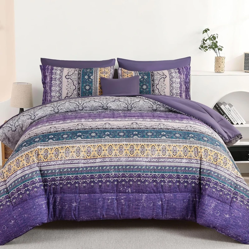 Cottolester Boho Full Comforter Set 8 Pieces,Violet Bohemian Striped Bed in a Bag, Paisley Soft Microfiber Bedding Comforter Set