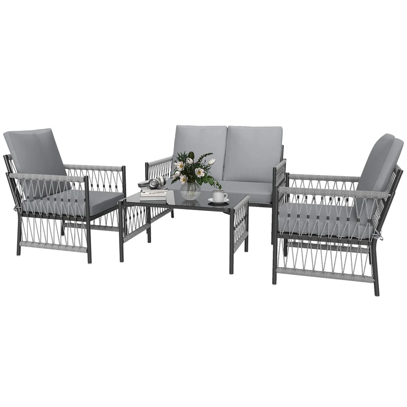 Outsunny 4 Piece Rattan Garden Furniture Set, 4 Seater Wicker Patio Conversation Set with 2 Armchairs, Loveseat, Glass Top Coffee Table and Cushions for Outdoor, Balcony, Grey