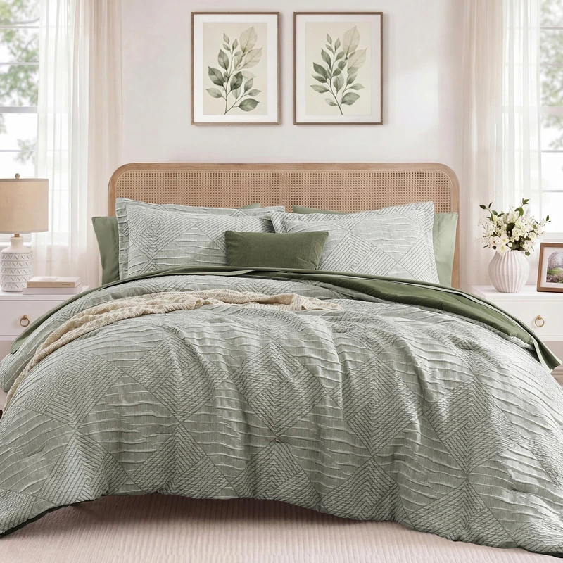 MaiRêve King Size Comforter Set Light Olive Green Boho Bedding Set 7 Pieces