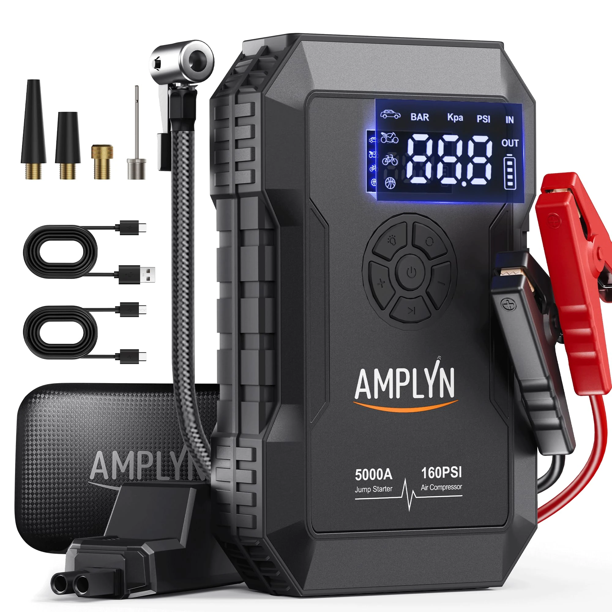 Car Battery Jump Starter with Air Compressor 160PSI,5000A 60W Portable Jump Starter Battery Pack (All Gas/10L Diesel),12V Starter Jump Box with Jumper Cables,Type C Fast Charging,3 Mode Light