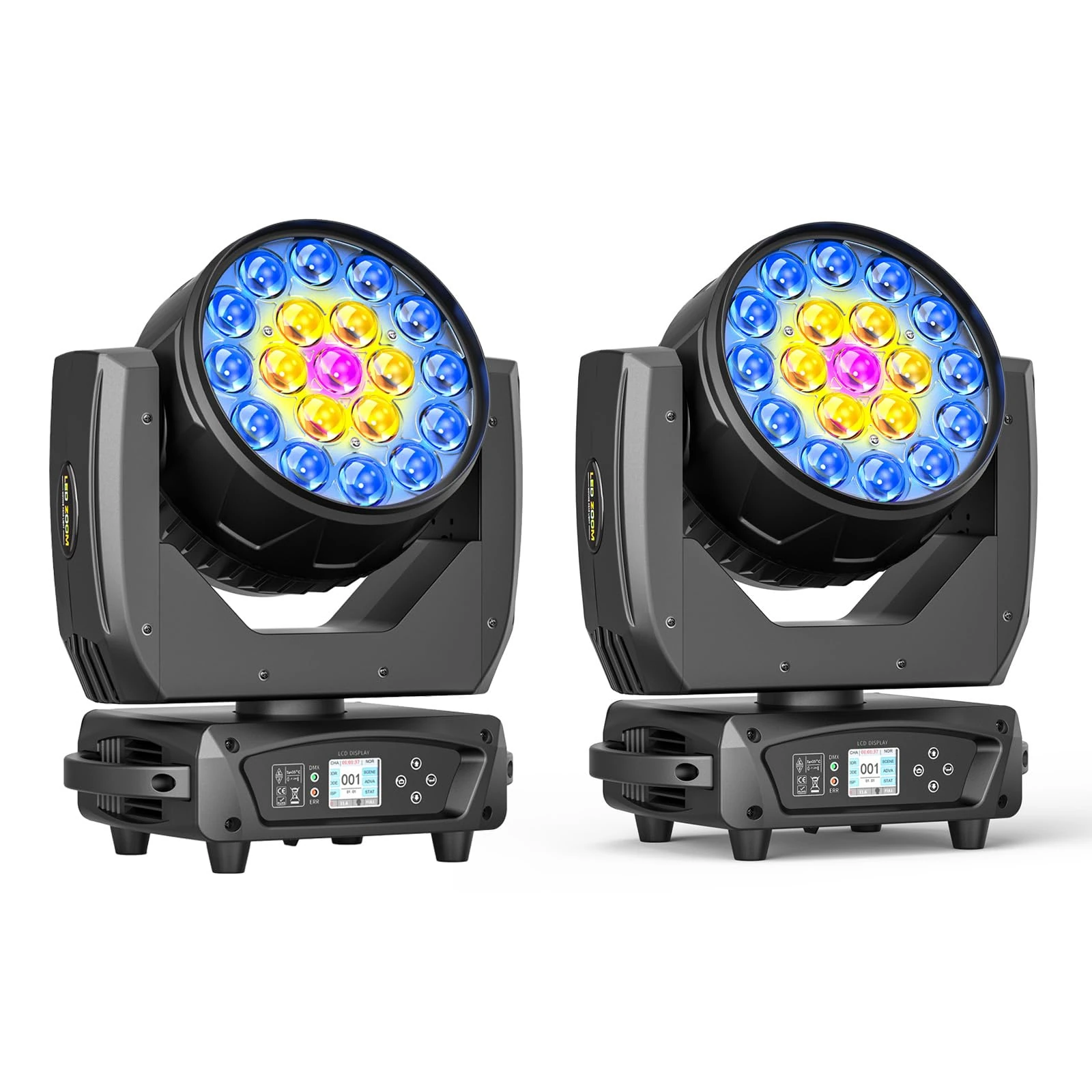 2Pcs 19x15W LED RGBW Moving Head Light, Wash Zoom 540°X/270°Y Rotation d-mx512 Voice Control Auto-Calibrating for Stage Club Theater Party DJ Wedding