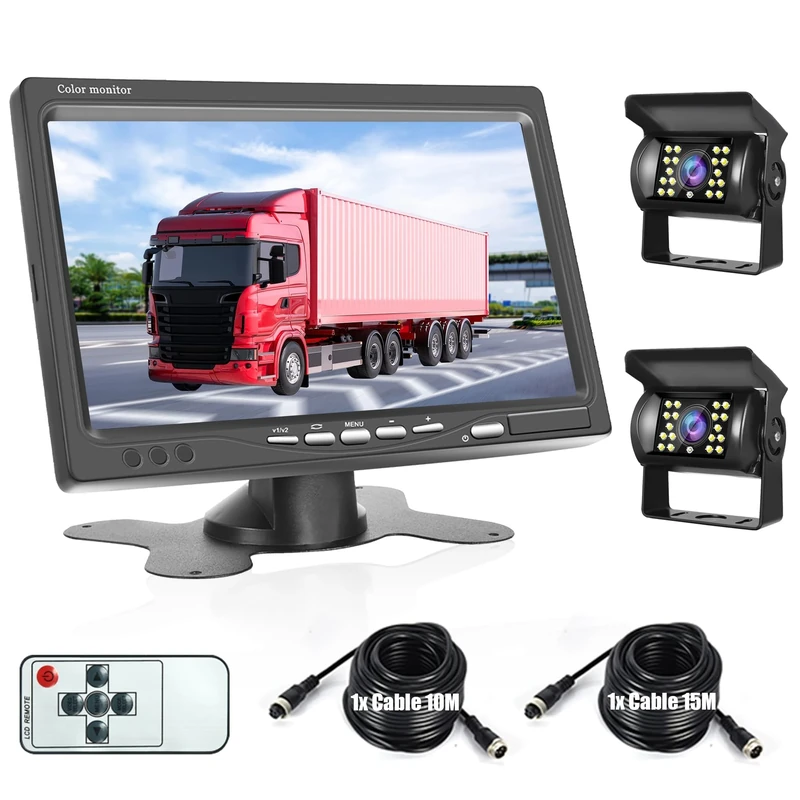Rimoody Car Backup Camera 7 inch 1080P IPS Monitor Reversing Camera Kit for Van 2* Waterproof Night Vision Camera with 15m/49ft Cable+10m/32ft for RV/Truck/Trailer/Pickup//Bus/Camper
