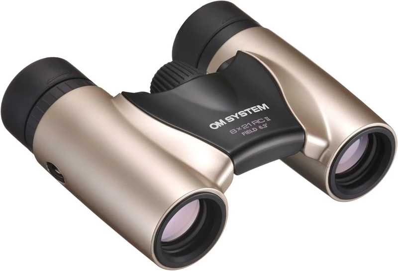 OM SYSTEM 8x21 RC II Binoculars – Compact Pocket Size, Multi-Coated Lenses, Lightweight for Travel, Camping & Bird Watching – UV Protection, 15-Year Warranty, Champagne Gold