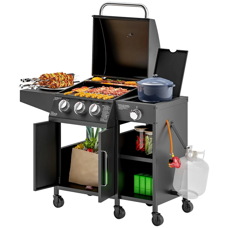 Outsunny 3+1 Burner Gas BBQ Grill with Storage Cabinet and Shelves, 9.5 kW Gas Barbecue Trolley with 6 Castor Wheels, Warming Rack, Thermometer for Outdoor Cooking Garden Party, Black