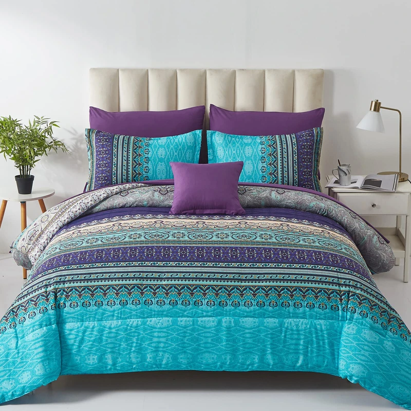 Boho Comforter Set California King Size 8 Piece Bed in a Bag Bohemian Striped Bedding Quilt Set Aqua Paisley Floral Comforter and Sheet Set,Soft Microfiber Complete Bedding Sets for All Season