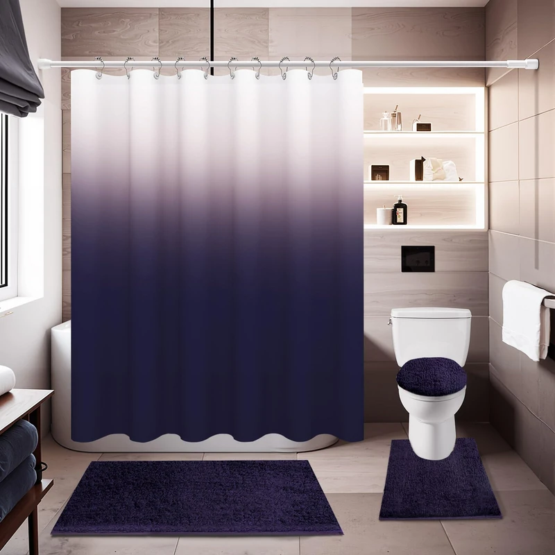 Baahrnom 4 Pcs Gark Purple Shower Curtain Sets with Rugs Solid Bathroom Sets with Shower Curtain and Rugs and Adjustable Toilet Lid Cover for Luxury Bathroom Decor