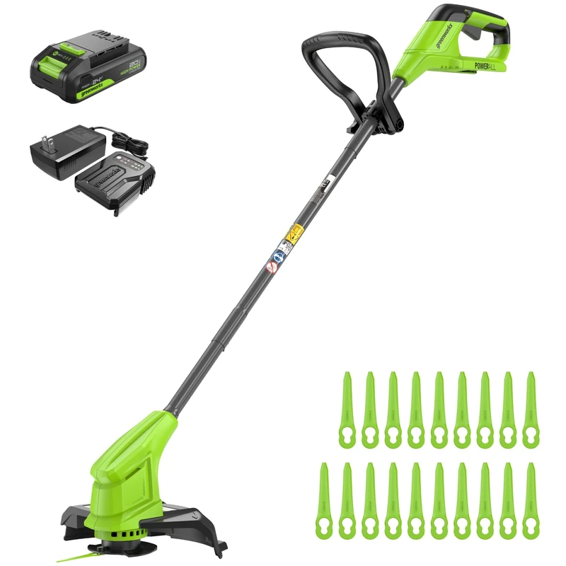 Greenworks 24V Cordless Strimmer Blade Grass Trimmer Battery Powered String Trimmer, 25cm Cutting Width, Includes 20 Blades, 2.0Ah Battery and Charger Included, Green