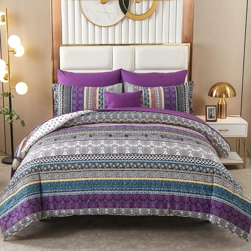 Boho Comforter Set California King Size,8 Piece Bed in a Bag Bohemian Striped Bedding Quilt Set,Purple Paisley Floral Comforter and Sheet Set,Soft Microfiber Complete Bedding Sets for All Season