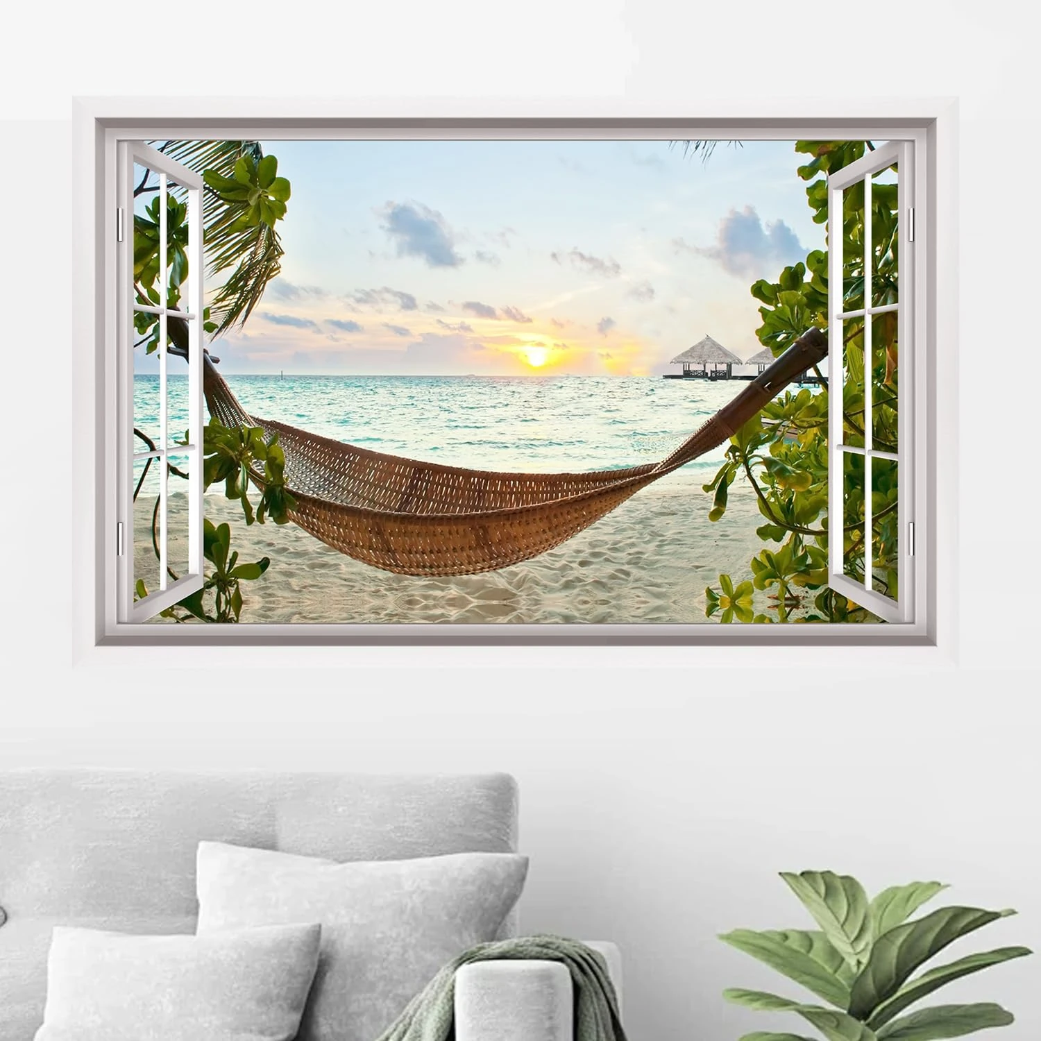 HPNIUB 3D Beach Wall Stickers,3D Sea View Wall Art for Living Room,Landscape Broken Wall Sticker,Beach Coconut Tree Wall Decal,Sea Scenery Wall Mural Sticker for Bedroom Bathroom Decor (Window2)