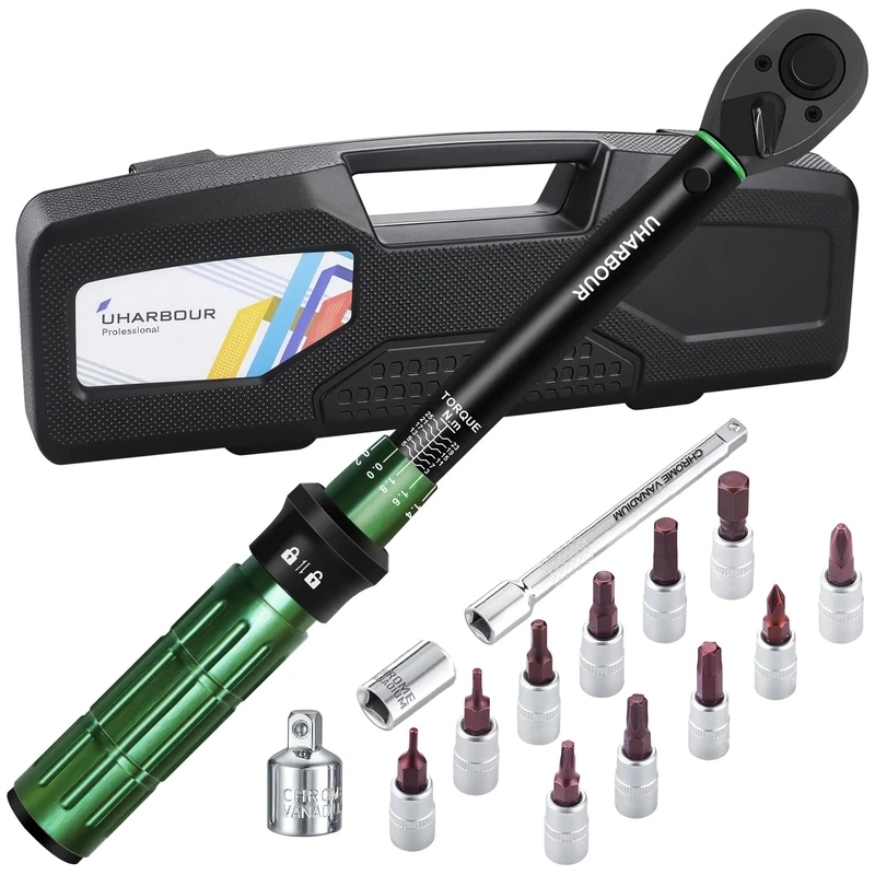 Uharbour 3-25 Nm 3/8 Drive Torque Wrench for Bicycles, Bicycle Torque Wrench Set with Bits, Adapter and Extension Rod for Bike, ±3% Error Accuracy