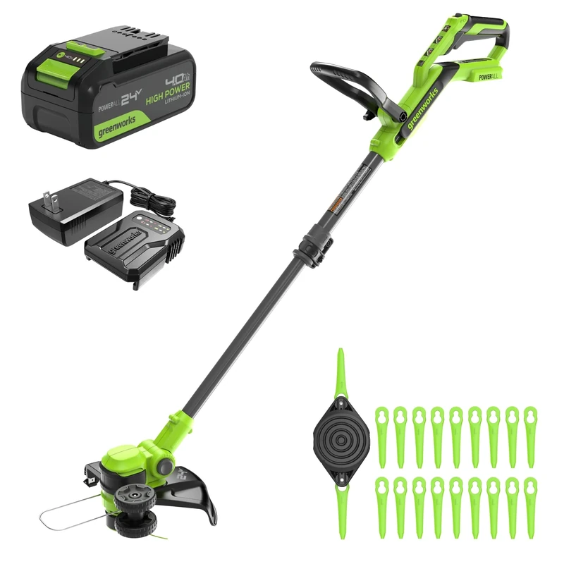 Greenworks Cordless String Trimmer 24V 30cm, Battery Powered Grass Strimmer, Auto Feed Head, Edger (Includes 20 Blades), 2Ah Battery and Charger Included, Green