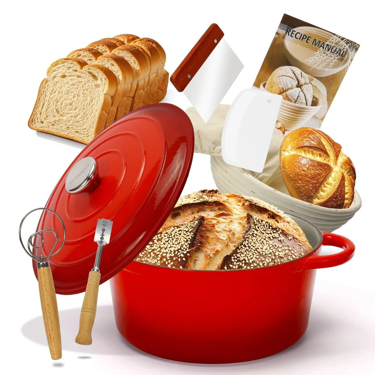 Enameled Cast Iron Dutch Oven with Proofing Basket, Non-Stick Ovenproof Casserole Pot, Red Dutch Oven for Braising, Stews, Roasting & Bread Baking 5Litres-26cm