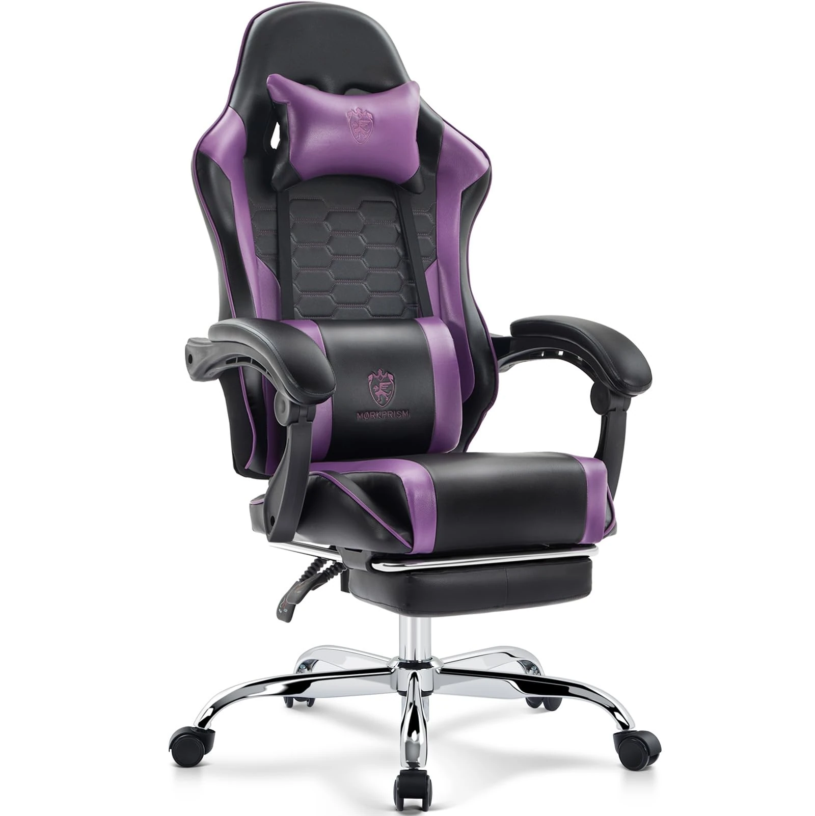 Morkprism Gaming Chair,Computer Office Chair with Footrest,Massage Lumbar Support and Gel Pad,Ergonomic Reclining Adjustable Leather Gamer Chair with Headrest and Spring Cushion Purple