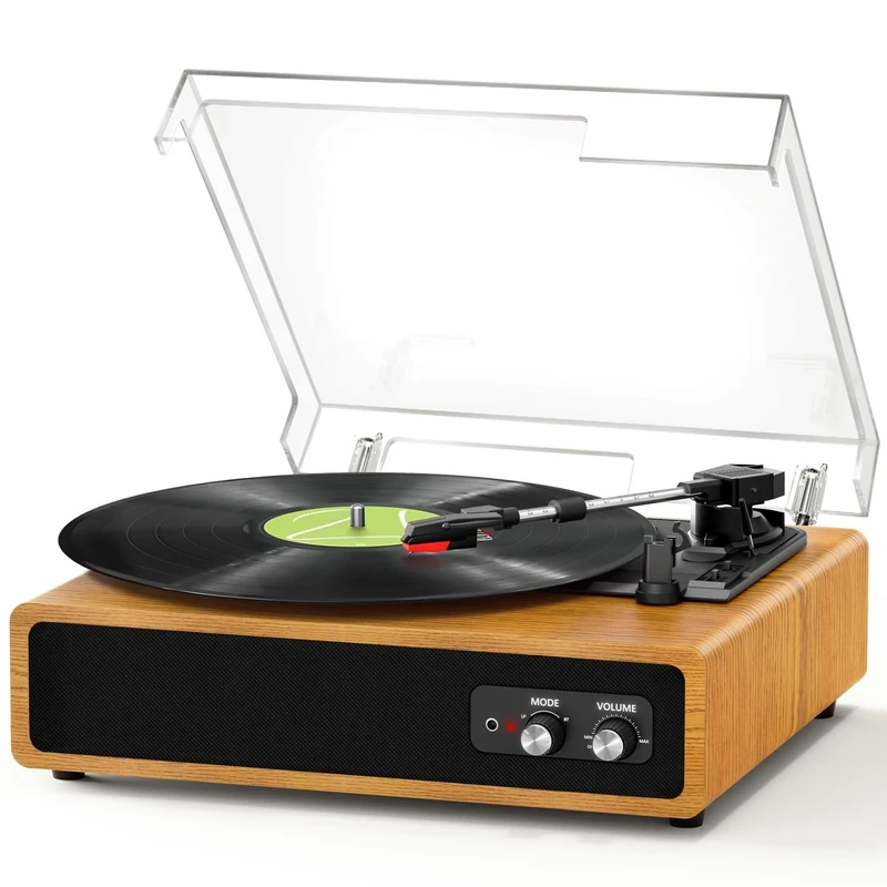 FYDEE Record Player, Dual-Way Bluetooth Vinyl Player Driven by Belt 3 Speed, Vinyl Record Player with Built-In 2 Stereo Speakers, Portable Retro Turntable Supports RCA Output, AUX Input - Light Wood