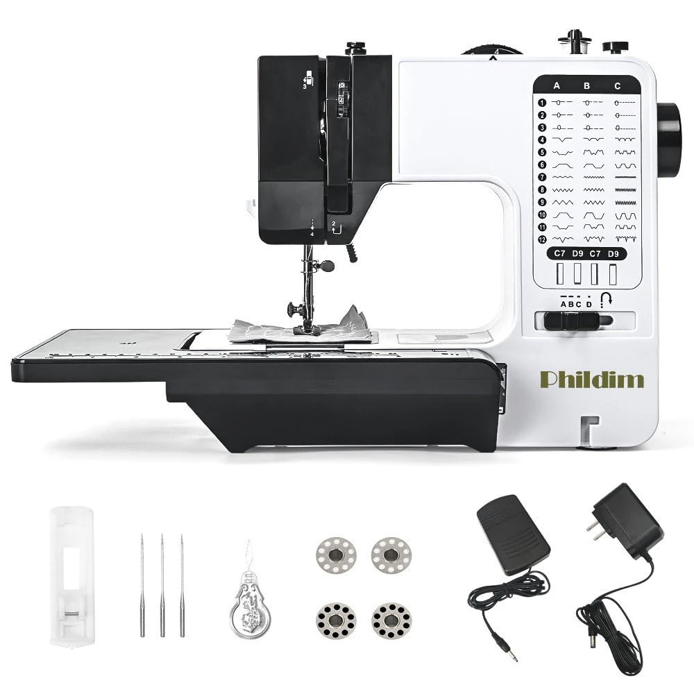 Mini Sewing Machine by Phildim (Extension Table included), Small Portable Sewing Machine, Adult Mending Machine with 38 Built-In Stitches, Reverse Sewing and LED Light PD-056-A17