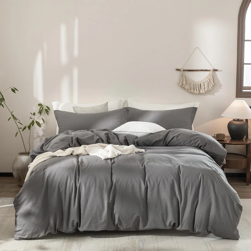 Warm Moment Dark Grey Duvet Cover Oversize Queen Size Bedding Set Cover 100% Washed Cotton Duvet Cover with Zipper Closure and 2 Pillowcases, 98inch x 98inch