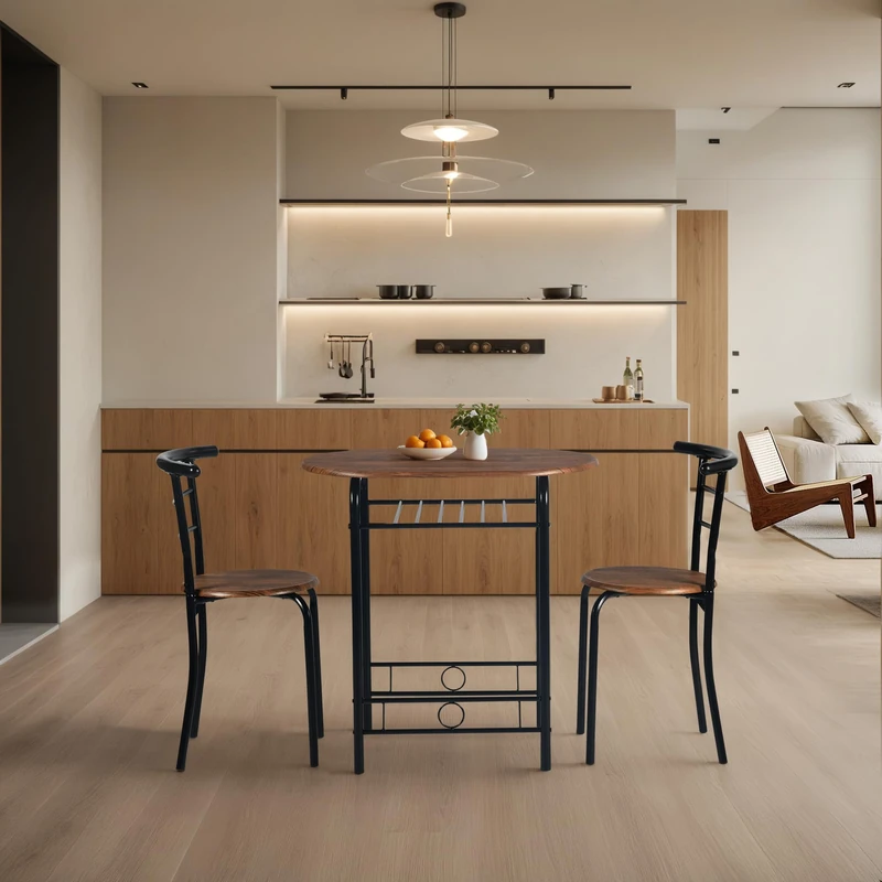 FurnitureR 3-Piece Wooden Round Table & Chair Set, Space Saving Kitchen Breakfast Nook Wood Grain Tabletop with Metal Frame and Built-in Wine Rack for Kitchen, Dining Room (Brown/Black)