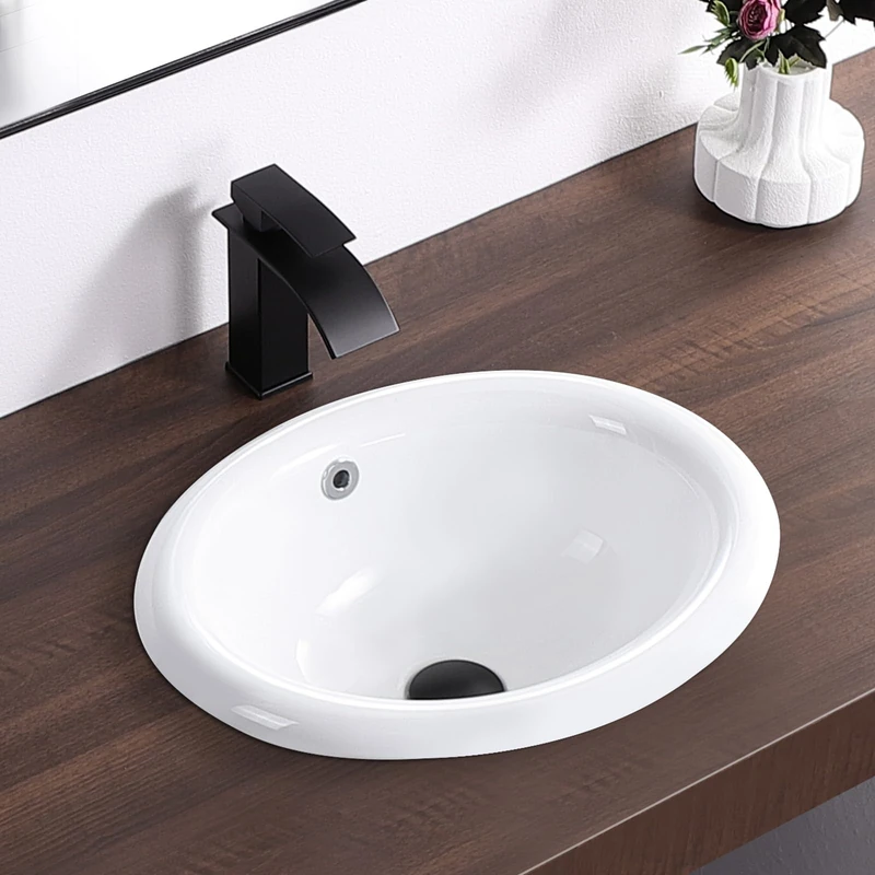 KARAMAG Bathroom Vessel Sink 18'' x 15.2'' Semi Recessed Bathroom Sink Oval Drop-in Vanity Sink with Overflow White Ceramic Modern Art Basin