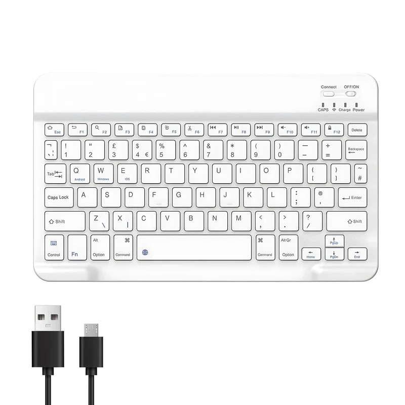 Bluetooth Keyboard, Ultra-Slim Wireless Keyboard with Quiet Key, Rechargeable USB-C with Media Hotkeys, Compatible with iOS, Mac, iPad, Windows, UK Layout, Lightweight and Portable for Travel(White)