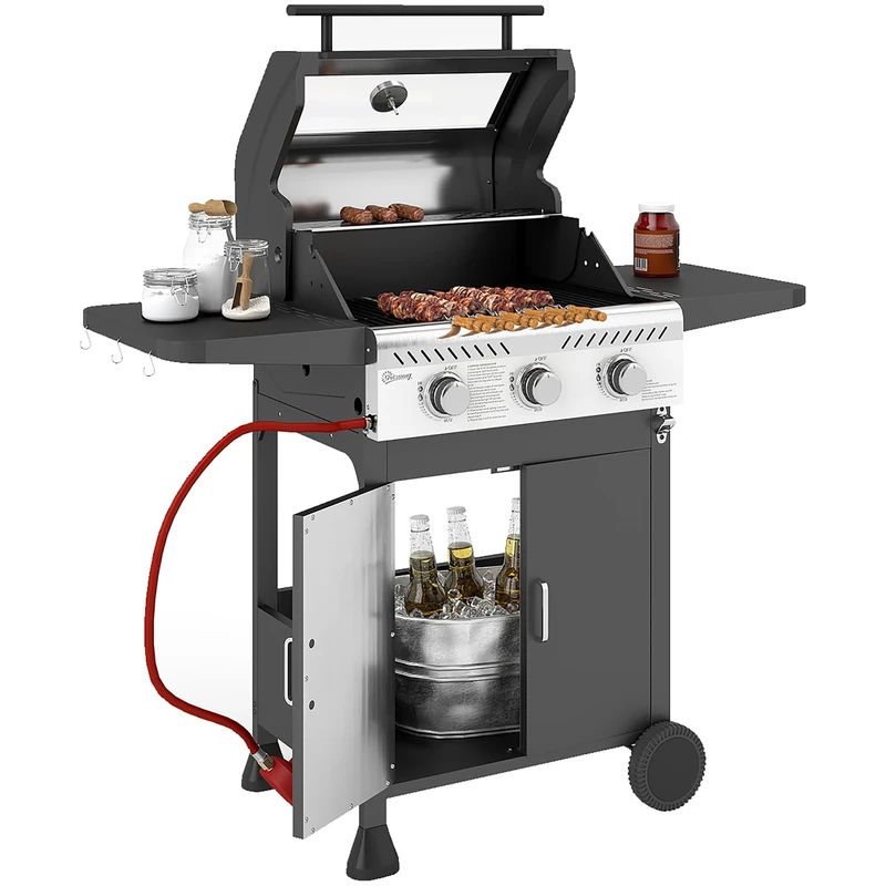 Outsunny 3 Burner Gas BBQ Trolley with See-through Lid, 7.5 kW Propane Gas Barbecue Grill with Thermometer, Wheels, Warming Rack, Shelves, Black