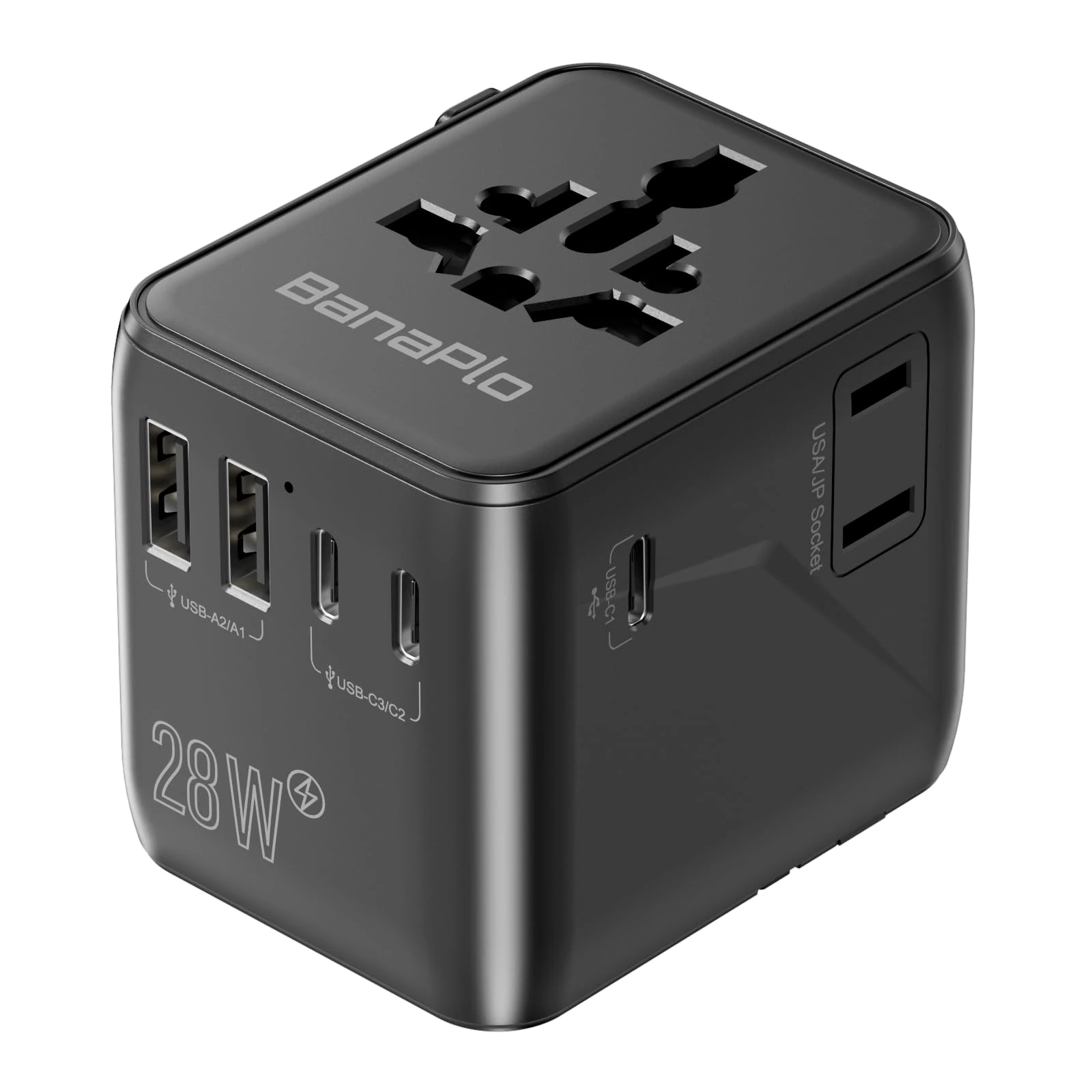Universal Travel Adapter with 3 USB C and 2 USB A Ports, 28W Travel Plug Adapter Worldwide, International Travel Adapter with Extra US Socket, Universal Plug Adaptor Dual 10A Fuses for EU US UK AUS