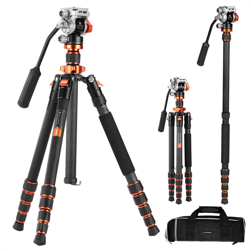 K&F CONCEPT 68" Carbon Fibre Tripod, Video Tripod with Fluid Head Load Capacity 6kg, Compact Camera Stand with Monopod for DSLR, O255C4+FH-03