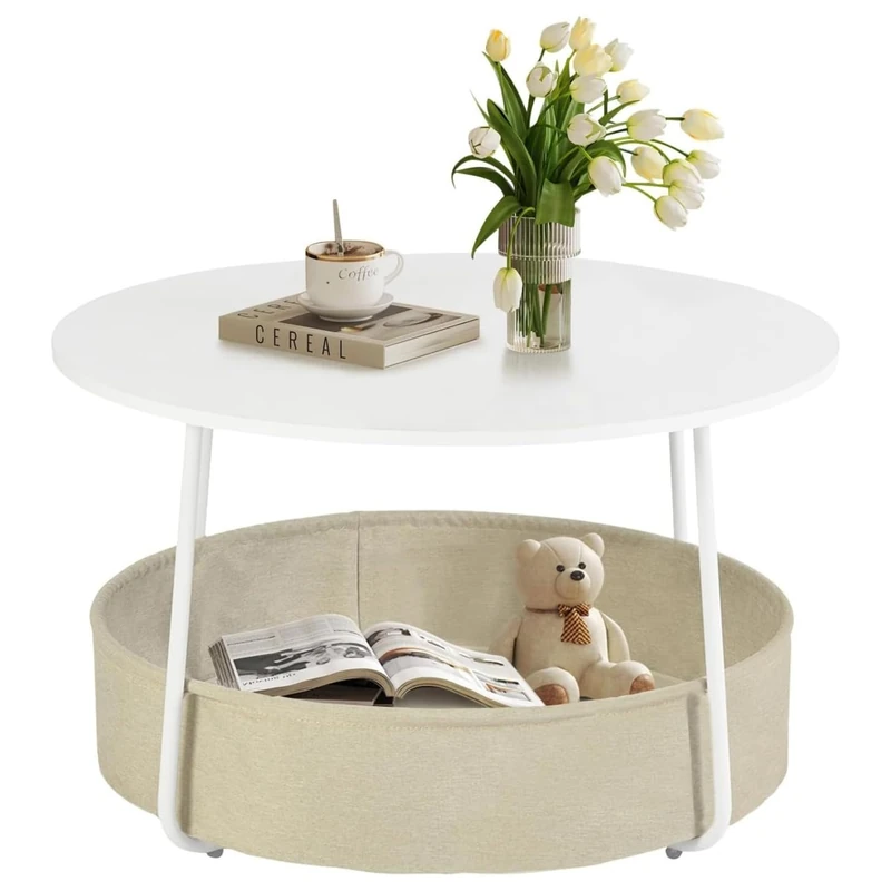 HOMYLIN Coffee Table with Storage, Round Center Table with Fabric Basket for Living Room, Cafe, Reception Area, White