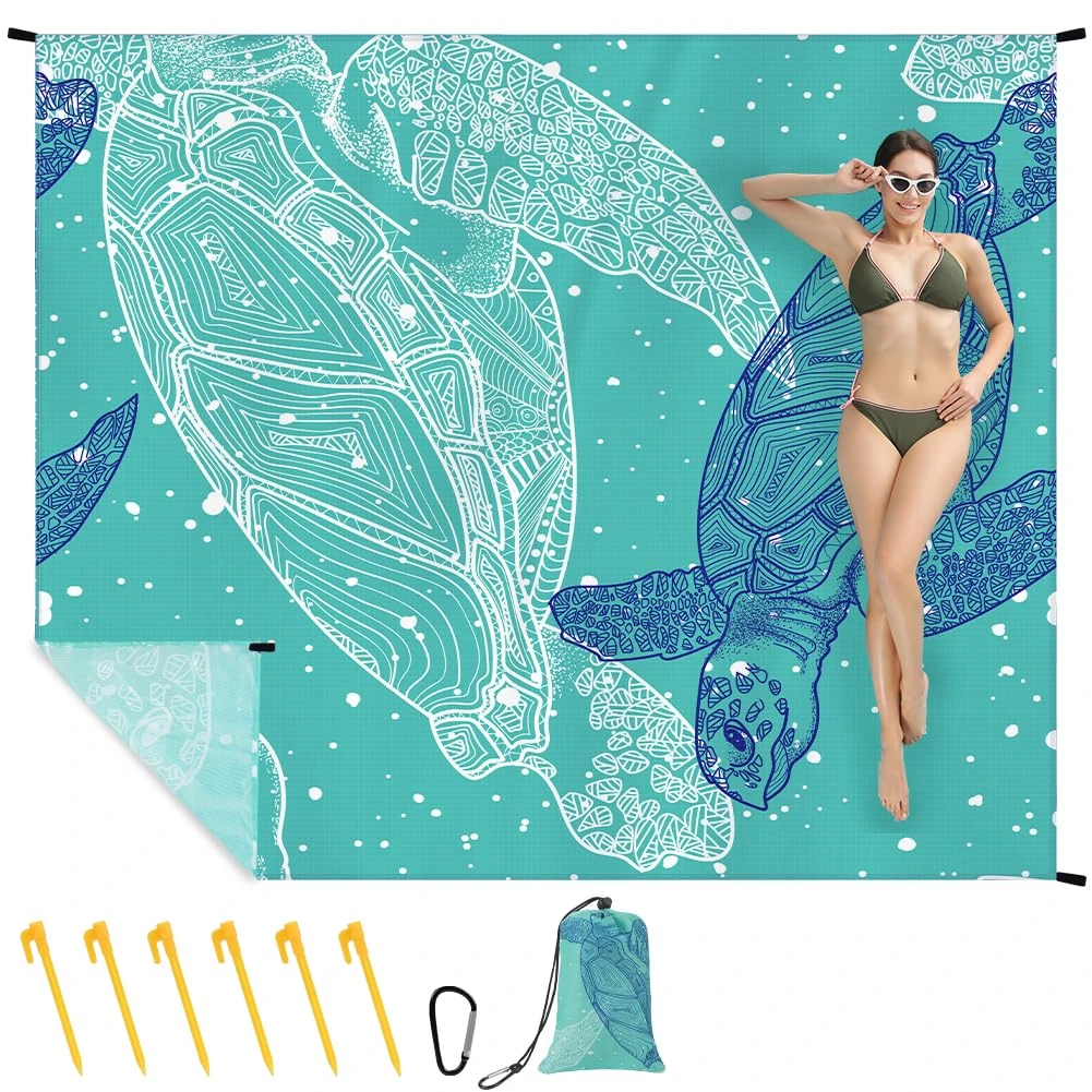 Ainiv Beach Blanket, Large Beach Mat 140 x 210 cm (2-3 People) Foldable, Picnic Blankets Sandproof Waterproof, Beach Accessories Outdoor Blankets with 6 Fixed Nails for Beach, Camping, Hiking, Picnic