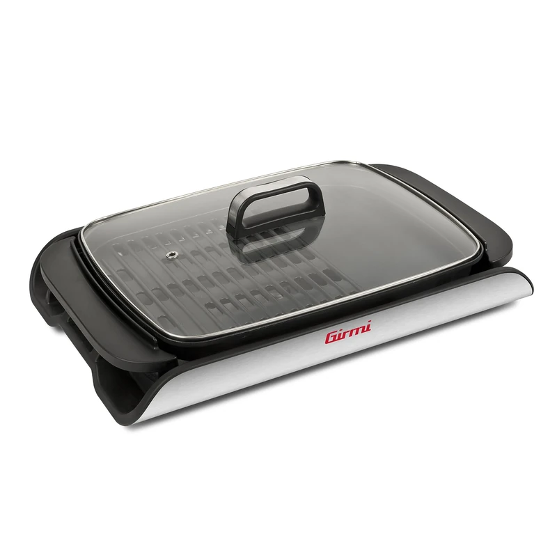 Girmi BQ91 Grill and Barbecue, 2000 W, XL 40 x 30 cm Non-stick Double Use Smokeless Smokeless Glass Lid, Adjustable Temperature, Grease Catcher Tray, Grey