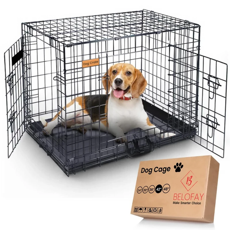 BELOFAY Dog Crate | Dog Cage 42-Inch Heavy Duty | Collapsible Metal Frame with Dual Access Doors, Chew-Resistant Removable Base Tray, Sliding Lock & Carry Handle – Ideal for Puppy Training & Travel
