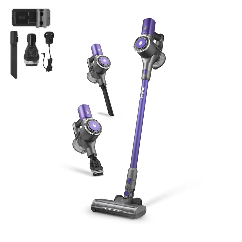 Swan SC15827N Dust Master Cordless Anti-Tangle Vacuum Cleaner with 2 Speed Control, Multi-Cyclonic Suction, Rechargeable Battery, 2-in-1 Crevice Tool, Long Nozzle & Wall Mount Kit 22.2V, Purple