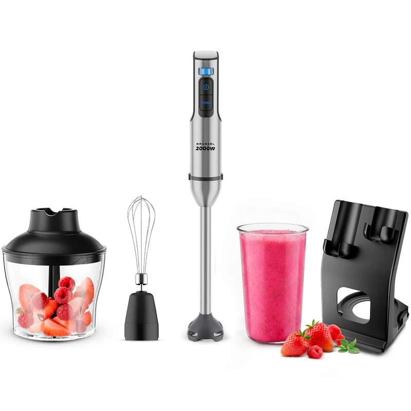 Grunkel - Powerful 2000W Stainless Steel Hand Blender, Tumbler Included and Option Set Accessories with Rod, Chopper and Stand, Metal Lace and Silicone Base, Silver Color
