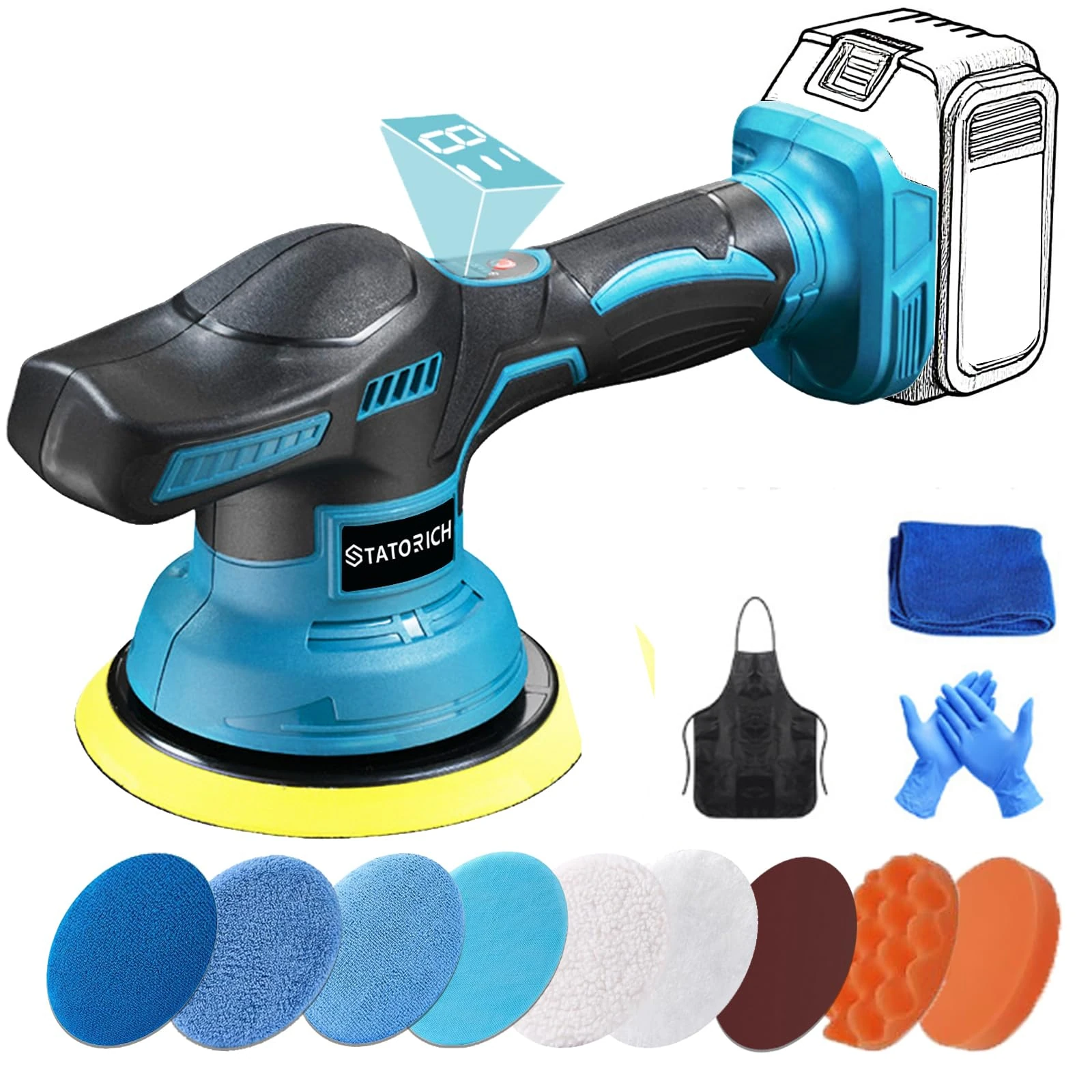 Cordless Car Buffer Polisher, 6 Inch Mini Buffer Polisher Kit with 12 pcs Attachments,8 Variable Speed car Polishers for Car Boat Detailing, Polishing,Scratch Removing (Battery Not Included)