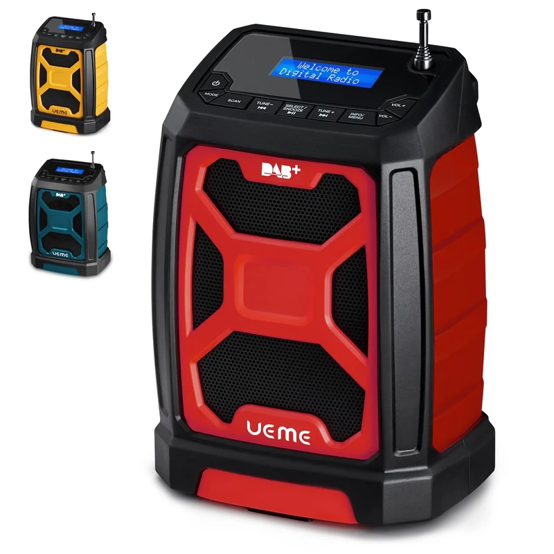 UEME 5W Rugged DAB/DAB+ FM Cordless Site Radio, Bluetooth, USB Rechargeable, Red/Black