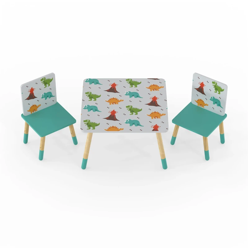 Kidsaw Children's Dinosaur Table and 2 Chair Set, Wooden Legs, Turquoise and Grey