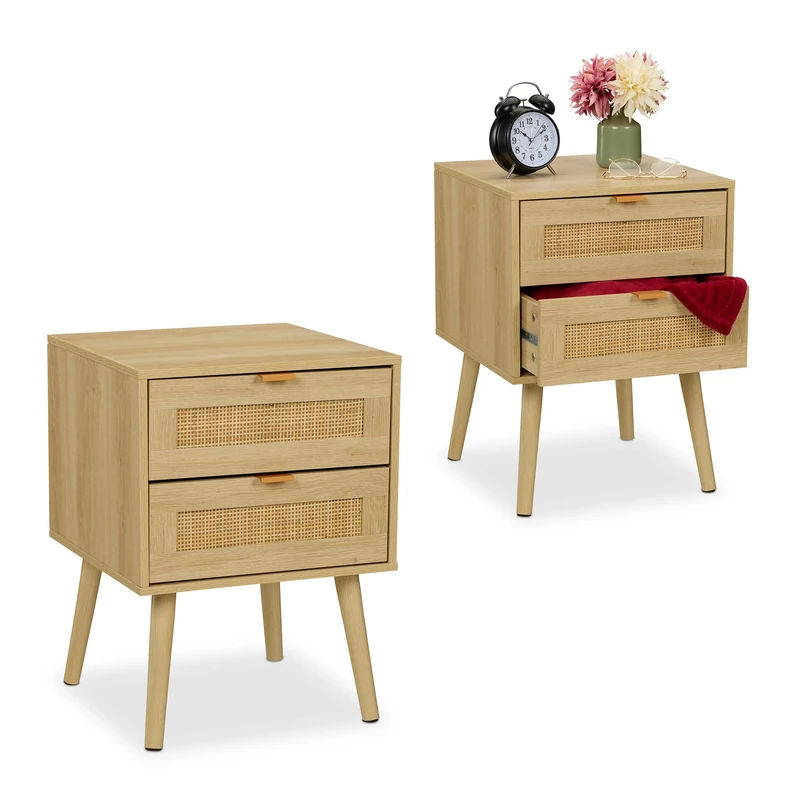 Relaxdays Bedside Table Doppel-Pack with Rattan Drawers, Wood Nightstand, Storage Cabinet, 55x40x41 cm