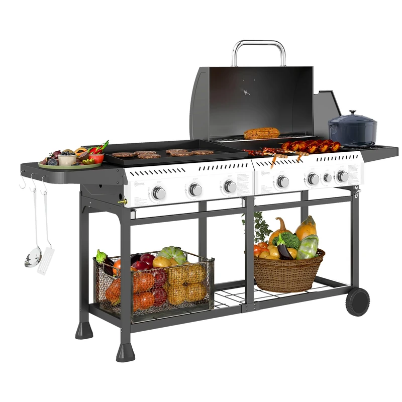 Outsunny Gas Grill and Plancha with 6+1 Burners for Garden Party Festival