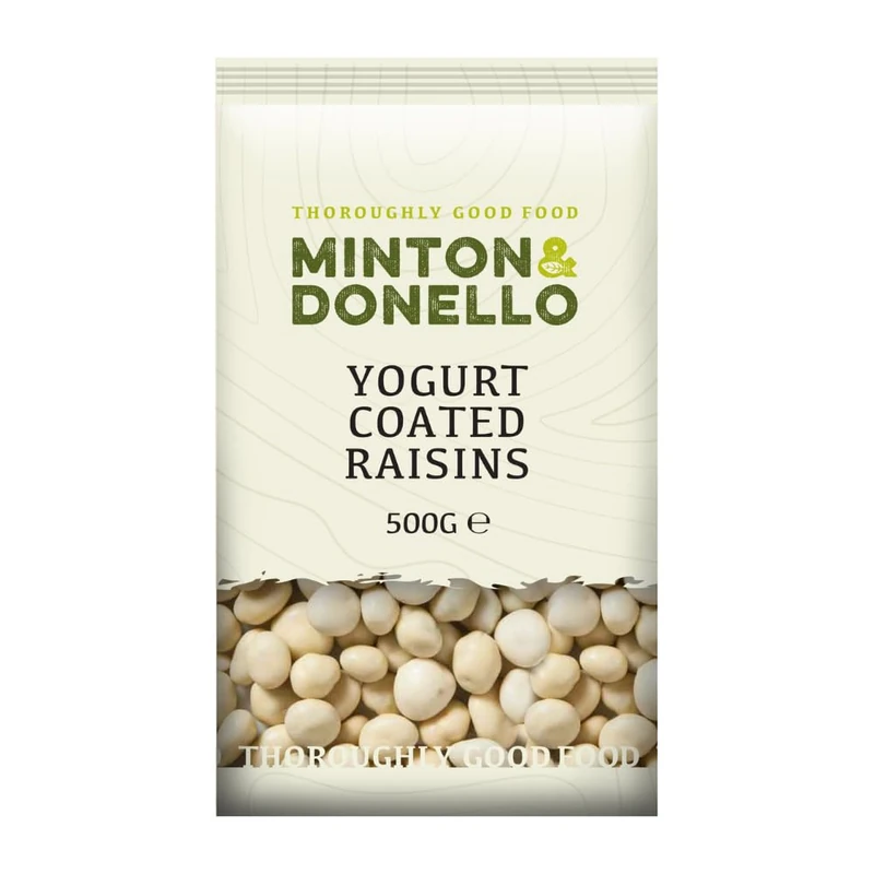 Minton & Donello Yoghurt Coated Raisins 6x500g Pack - Sweet Creamy Snack for Parties, Sharing & Lunchboxes. Great in Dessert & Ice Cream, Baking Ingredient for Cakes, Trail Mix, Vegetarian Friendly - Image 1