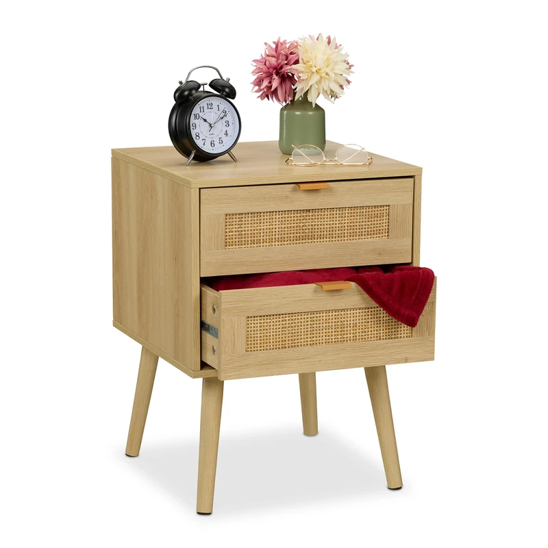 Relaxdays Bedside Table, with 2 Rattan Decorated Drawers, Wood Nightstand, Cabinet with Storage for Bedroom, Natural, Fibreboard, Aluminium, 55x40x41 cm