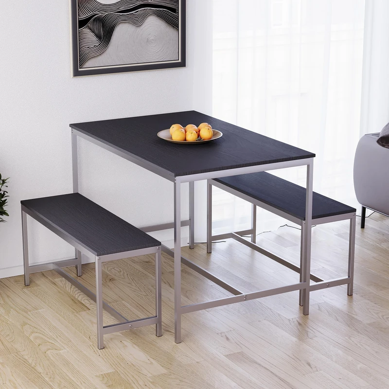 Vida Designs Roslyn Dining Table Set with 2 Benches, 3 Piece Furniture for Kitchen or Dining Room, Space-Saving Table for 4 – Black, Table 110 x 70 x 75cm, Benches 95 x 30 x 43cm