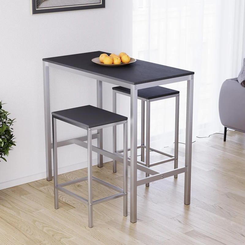 Vida Designs Roslyn 3-Piece Table Set with 2 Stools/Chairs, Compact Design for Dining, Kitchen, Breakfast Bar, Apartment, Balcony, Garden with Industrial Steel Frame, H90xW100xD50cm (Black)