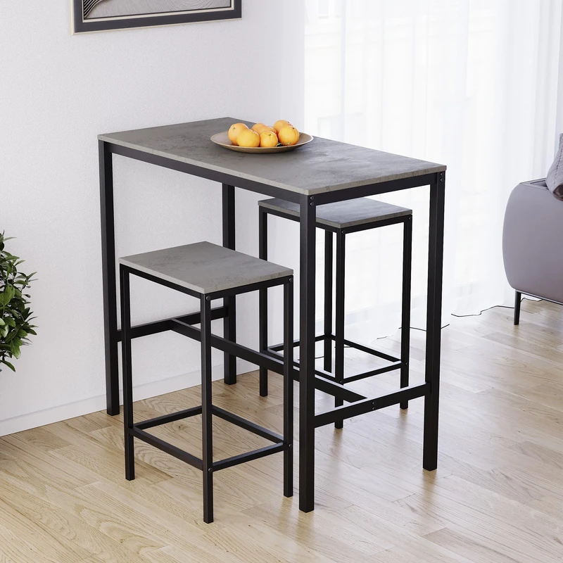Vida Designs Roslyn 3-Piece Table Set with 2 Stools/Chairs, Compact Design for Dining, Kitchen, Breakfast Bar, Apartment, Balcony, Garden with Industrial Steel Frame, H90xW100xD50cm (Concrete Grey)