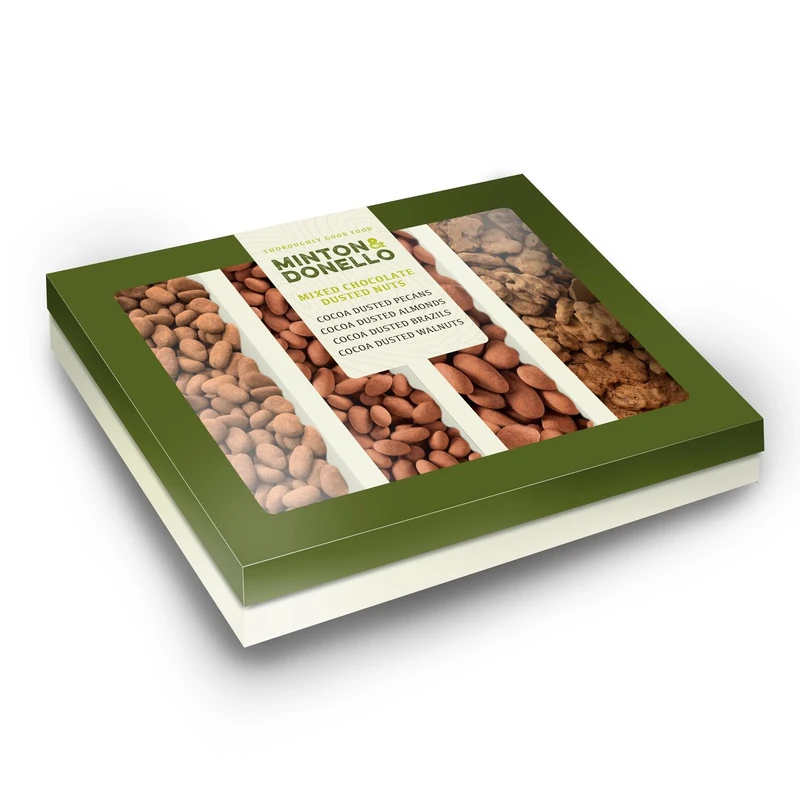 Minton & Donello Cocoa Dusted Nut Tray 6 x 305g - Luxury Cocoa Dusted Almonds, Cashews, Pecans & Walnuts - Great for Friends, Gatherings and Food Hampers