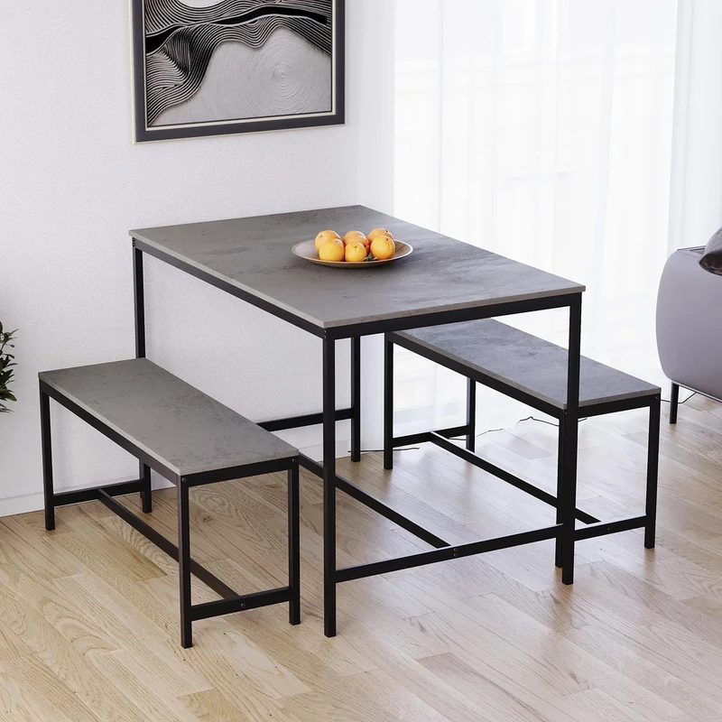 Vida Designs Roslyn 4 Seater Dining Table With 2 Benches, 3 Piece Set, Dining Room Furniture Solid Metal Frame (Concrete Grey)