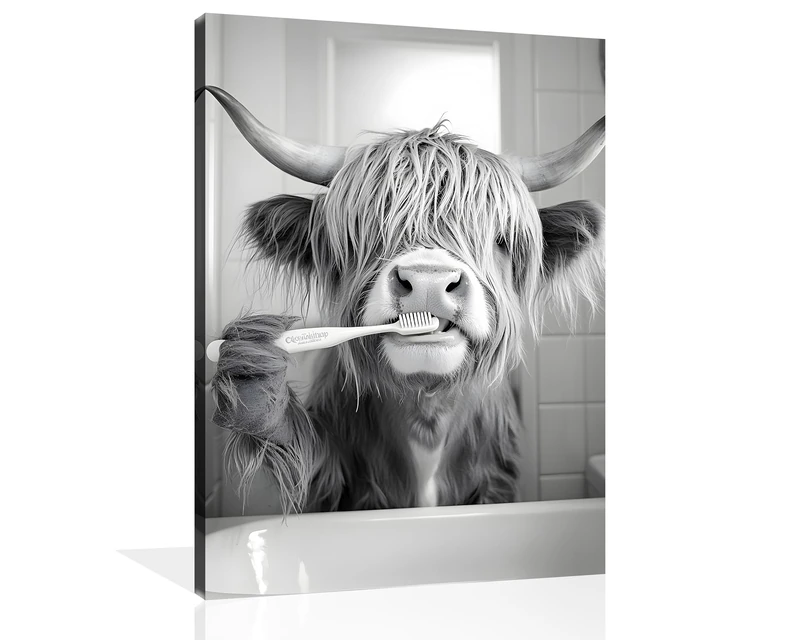 OWNANRTHM Highland Cow Bathroom Canvas Wall Art Funny Animals Bathroom Pictures Highland Cow Brushing Teeth Painting Black and White Animal Bathroom Poster for Bathroom Restroom Wall Framed 24X30 inch